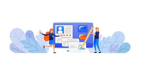 people approve new employee registration application. signature for a new agreement with a good five star rating. vector illustration concept for landing page, web, ui, banner, flyer, poster, template