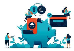 Plan investment for retirement, property, school, investment with banking services. Financial planning consultant, saving and donate with piggy bank, illustration of website, banner, software, poster vector