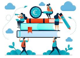 Metaphors of burden of education costs. Students carry heavy books. Looking for education funding. Free school scholarship program. Vector illustration, graphic design, card, banner, brochure, flyer