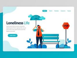 Illustration of loneliness life. Feeling lonely, unhappy, alone, sad, useless. Mental illness. Feel failure, not appreciated. Vector cartoon for website homepage header landing web page template apps