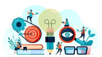 Vector illustration of idea and inspiration in student learning, pencil with lightbulb idea, learn to reach target, looking for illumination and science in lectures, learn to get idea and knowledge