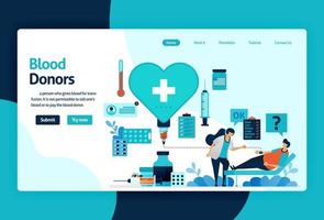 Vector flat illustration template of Blood donation and Charity. June 14 is blood donor day, heart with a red cross symbol, medical check-up awareness. for banner, landing page, web, website, mobile