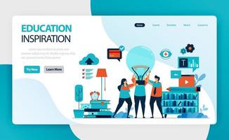 landing page for education ideas and inspiration. people hold light bulb. learning leadership and motivation. brainstorming in teaching and innovation. vector design for business card homepage website