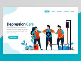 Illustration of depression care. Friends support and awareness in treatment and health therapy. Healing of mental disorders. Vector cartoon for website homepage header landing web page template apps