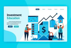 landing page vector design for investment education. return of investment with planning, stock market and mutual funds, fixed income, money market. for banner, illustration, web, website, mobile apps