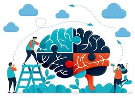 Brainstorming to solve brain puzzles. Metaphor for teamwork and collaboration. Intelligence in handling challenges and problems. Vector illustration, graphic design, card, banner, brochure, flyer