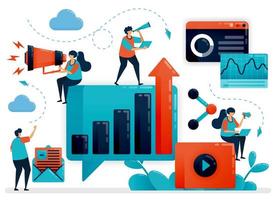 Optimization and developing business growth with advertising and promotion. Internet marketing strategy, planning and analysis. Flat vector human illustration for landing page, website, mobile, poster