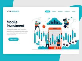 Research and analysis statistical data to choose investment. Mobile platform for finance and funding. Chart and diagram. Flat vector human illustration for landing page, website, mobile, poster, ads