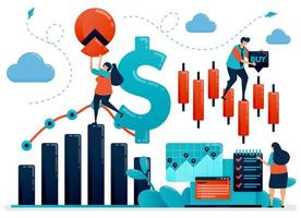 plataforma financiera para ayudar a elegir la inversión. datos estadísticos para contabilidad. análisis de datos comerciales y crecimiento de la empresa. Ilustración humana vectorial plana para página de destino, sitio web, móvil, póster vector