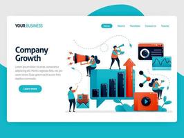 Optimization and developing business growth with advertising and promotion. Internet marketing strategy, planning and analysis. Flat vector human illustration for landing page, website, mobile, poster