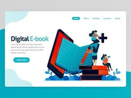 Vector illustration for digital ebook landing page. Mobile apps for reading, writing, studying. modern library platform. Online learning, language education. Homepage header web page template apps