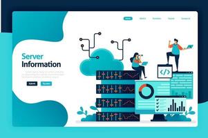 Server information landing page design. regulate flow of information in database, data center, big data, server room, analyzing statistics. vector illustration for poster, website, flyer, mobile app