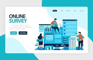 Landing page online survey. Satisfaction feedback, review form service, Exams Choices Flat character for learning and survey consultants. for banner, illustration, web, website, mobile apps, flyer vector