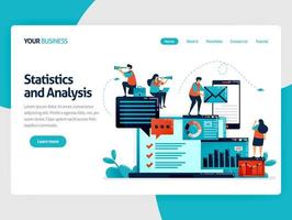 analizar estadísticas y datos en el informe de la empresa. tablero de la computadora portátil para el trabajo de contabilidad. optimizar los servicios digitales móviles para el trabajo. Ilustración humana vectorial plana para página de destino, sitio web, móvil, póster vector