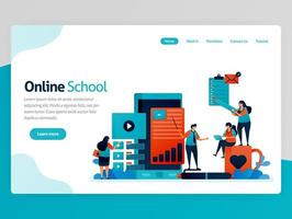 Vector illustration for online school landing page. Mobile apps for education and learning. Video tutorial, online classroom, webinar lesson, distance learning. Homepage header web page template apps