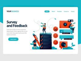 Fill out survey for feedback. Emoticon in comments. User ratings in services. Assessment to improve experience. Exam and questionnaire. Flat character for landing page, website, mobile, flyer, poster vector