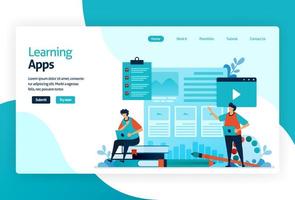 Illustration of landing page for Learning apps. Education process of learning knowledge, skills, values, beliefs, and habits. Digital technology in teaching, training, storytelling, discussion. vector