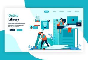 illustration of landing page for digital library. repository or collection of online database of text, images, audio, video, or other media format. organizing, searching, and retrieving book and print vector