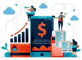 Mobile business and investment check device. Accounting apps and software for improving company performance. Flat character vector illustration for landing page, web, banner, mobile apps, poster, ads