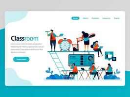 Vector illustration for classroom landing page. Modern and cozy class for millennials. Pleasant lesson. Startup workspace and coworking space. Fun education. Homepage header web page template apps