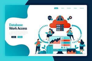 Database work access landing page design. database network flow and connection access. communication device with computing cloud storage. vector illustration for poster, website, flyer, mobile app