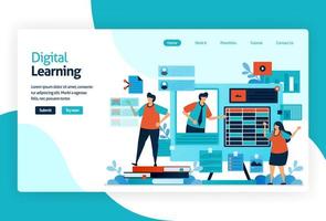illustration of landing page for digital learning. learning by technology or instructional practice that effective for transferring knowledge, skill, value, belief, and habit. adaptive and analytics vector