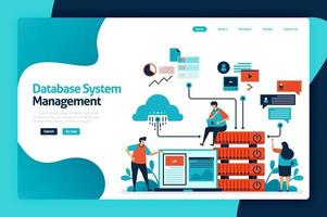 diseño de página de destino de gestión de sistema de base de datos. administrar, controlar y administrar el acceso de datos a bases de datos, red de almacenamiento en la nube, cuadros y gráficos. ilustración vectorial para cartel, sitio web, folleto, aplicación móvil vector