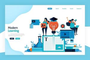 Landing page of modern learning. Educational process to acquiring idea, modifying knowledge, behaviors, skills, values, literacy, preferences with technology. designed for website, mobile apps, poster vector