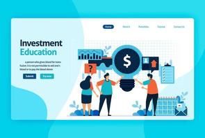 landing page vector design for investment education. return of investment with planning, stock market and mutual funds, fixed income, money market. for banner, illustration, web, website, mobile apps