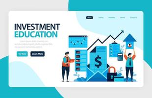 diseño vectorial de página de destino para educación en inversiones. retorno de inversión con planificación, bolsa de valores y fondos mutuos, renta fija, mercado monetario. para banner, ilustración, web, sitio web, aplicaciones móviles vector