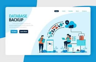 Backup database landing page design. secure personal data with internet backup services to cloud and server. data center and network system. vector illustration for poster, website, flyer, mobile app