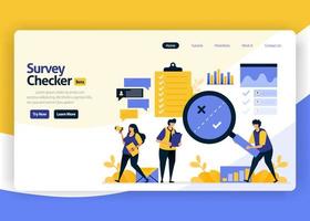 landing page vector flat design illustration of survey checkers with automatic checking technology, internet artificial intelligence, big data. for websites, mobile apps, banner, flyer, brochure, ads