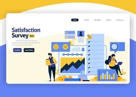 landing page vector flat design illustration of satisfaction surveys with emoticons for business service improvement, by analyzing the user habit. for websites, mobile apps, banner, flyer, brochure