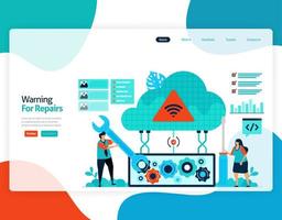 Ilustración plana de vector de página de inicio de página de inicio de advertencia para reparaciones. reparación y mantenimiento de tecnología de almacenamiento en la nube. Sistema de seguridad en base de datos de respaldo digital. web, flyer, sitio web, aplicaciones móviles