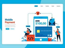 Landing page vector design for mobile payment system and cashless protection technology. Flat cartoon illustration for landing page, template, ui ux, web, website, mobile app, banner, flyer, brochure