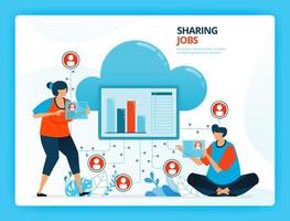 Vector illustration for jobs sharing and cloud network service. Human vector cartoon characters. Design for landing pages, web, website, web page, mobile apps, banner, flyer, brochure, poster