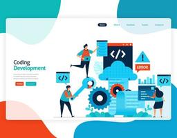 homepage landing page vector flat illustration of coding development. repair and maintenance of cloud storage technology. security system in digital backup database. web, flyer, website, mobile apps