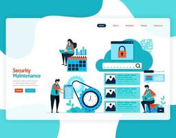 homepage landing page vector flat illustration of security maintenance. repair and maintenance of cloud storage technology. security system in digital backup database. web, flyer, website, mobile apps