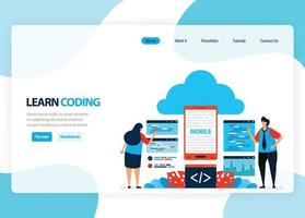 página de inicio de vectores para aprender a programar y codificar. desarrollo de aplicaciones con un lenguaje de programación simple. ilustración plana para página de destino, plantilla, ui ux, web, aplicación móvil, banner, flyer