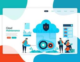 homepage landing page vector flat illustration of cloud maintenance. repair and maintenance of cloud storage technology. security system in digital backup database. web, flyer, website, mobile apps