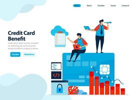 website design of benefits of using credit card. get a short-term loan with mild interest for spending. Flat illustration for landing page template, ui ux, website, mobile app, flyer, brochure, ads vector