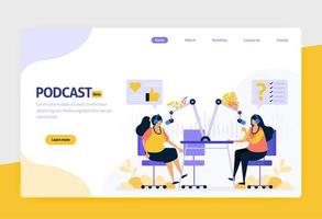 landing page vector flat design illustration of podcast broadcasting. internet technology, modern public interview and online reporting with audio. for websites, mobile apps, banner, flyer, brochure