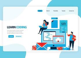 página de inicio de vectores para aprender a programar y codificar. desarrollo de aplicaciones con un lenguaje de programación simple. ilustración plana para página de destino, plantilla, ui ux, web, aplicación móvil, banner, flyer