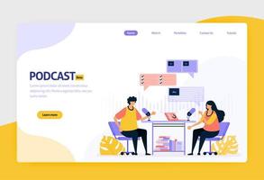 landing page vector flat design illustration of podcast broadcasting. internet technology, modern public interview and online reporting with audio. for websites, mobile apps, banner, flyer, brochure