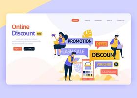 Vector illustration landing page for online discounts, promotions, social media ads, retail marketing. Special offers on digital e-commerce. For web, website, landing page, mobile app, flyer, brochure