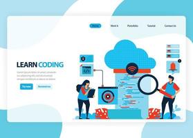 página de inicio de vectores para aprender a programar y codificar. desarrollo de aplicaciones con un lenguaje de programación simple. ilustración plana para página de destino, plantilla, ui ux, web, aplicación móvil, banner, flyer