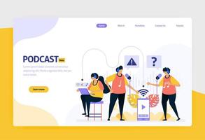 landing page vector flat design illustration of podcast broadcasting. internet technology, modern public interview and online reporting with audio. for websites, mobile apps, banner, flyer, brochure