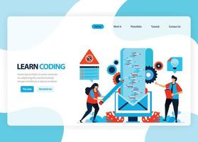 Vector homepage for learning programming and coding. Application development with a simple programming language. Flat illustration for landing page, template, ui ux, web, mobile app, banner, flyer