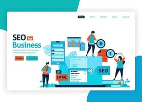 vector illustration website for marketing optimization with SEO. online advertising with keywords in search engines for target market, ads services, social media. landing page, banner, mobile apps