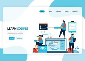 Vector homepage for learning programming and coding. Application development with a simple programming language. Flat illustration for landing page, template, ui ux, web, mobile app, banner, flyer